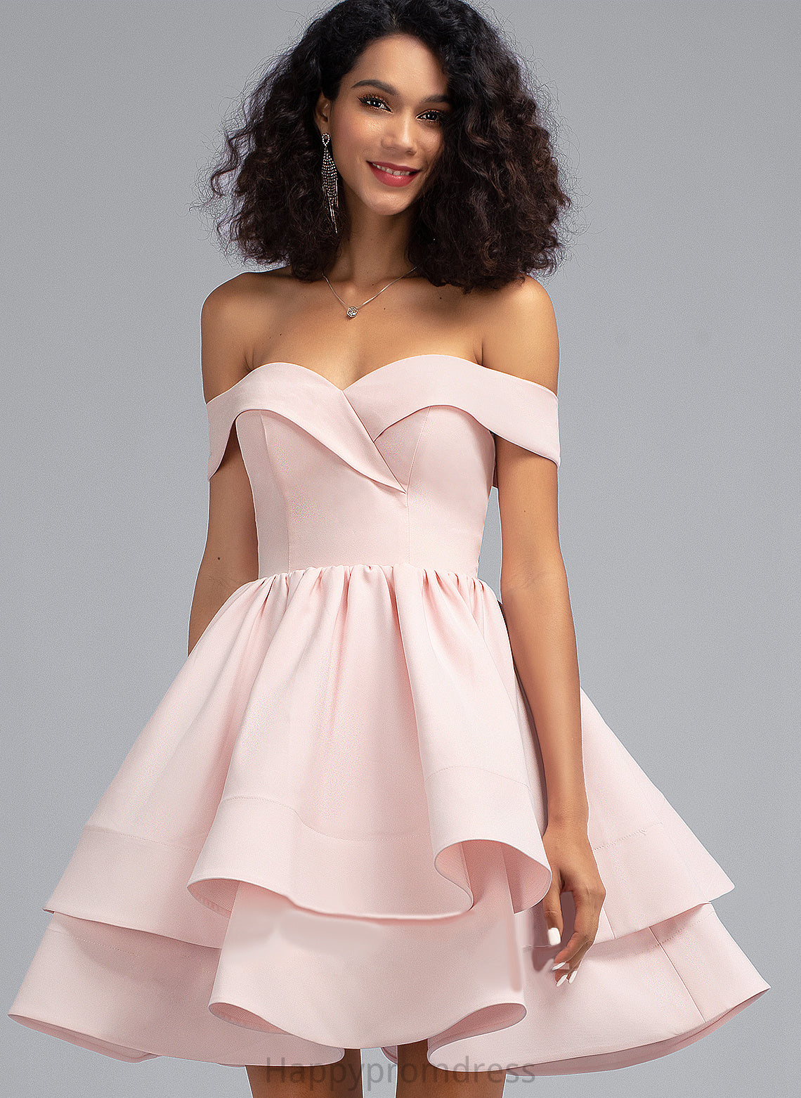 Homecoming Crepe Cascading With Off-the-Shoulder A-Line Clarissa Short/Mini Dress Stretch Homecoming Dresses Ruffles