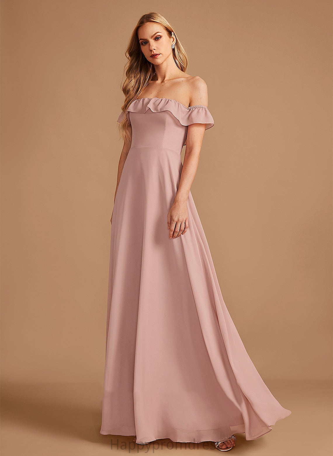 Fabric Neckline Silhouette Length Off-the-Shoulder Ruffle Embellishment Floor-Length A-Line Alyson Natural Waist Sleeveless Bridesmaid Dresses