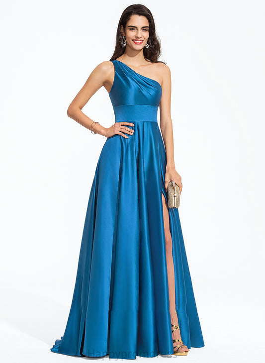 One-Shoulder With Front Lilith Satin A-Line Split Train Prom Dresses Sweep