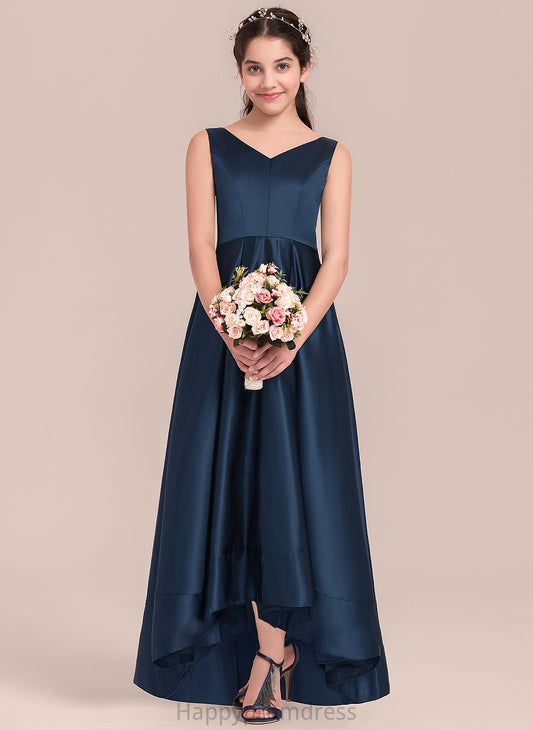 A-Line Satin Junior Bridesmaid Dresses V-neck Makenna Asymmetrical