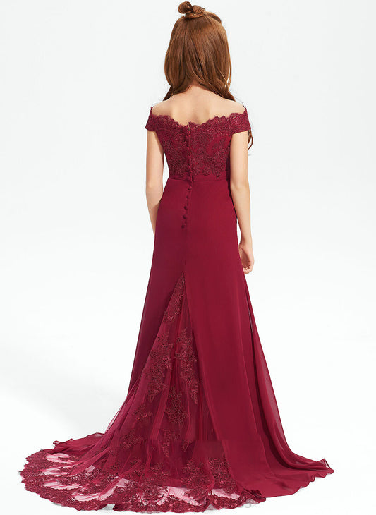 Junior Bridesmaid Dresses Lace Train Off-the-Shoulder Trumpet/Mermaid Chiffon Court Claire