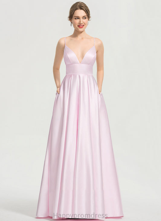 A-Line With Harley Prom Dresses Floor-Length Satin Pockets V-neck