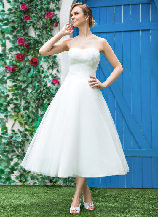 Wedding Tea-Length A-Line Ruffle Roselyn Tulle Dress Wedding Dresses Sweetheart With