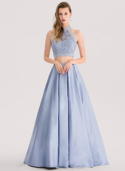 Floor-Length Ball-Gown/Princess Scoop With Satin Kit Sequins Prom Dresses Neck Beading