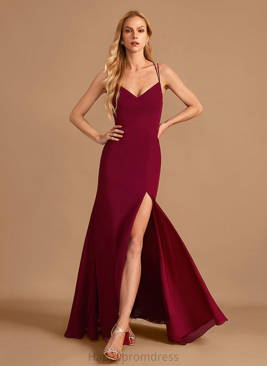 Embellishment Silhouette V-neck Fabric Trumpet/Mermaid Neckline Floor-Length Length SplitFront Briley Spaghetti Staps Natural Waist Bridesmaid Dresses