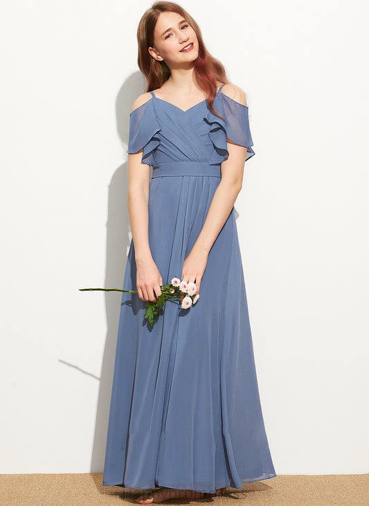 Chiffon Off-the-Shoulder Ruffle Floor-Length Junior Bridesmaid Dresses With A-Line Nataly Bow(s)