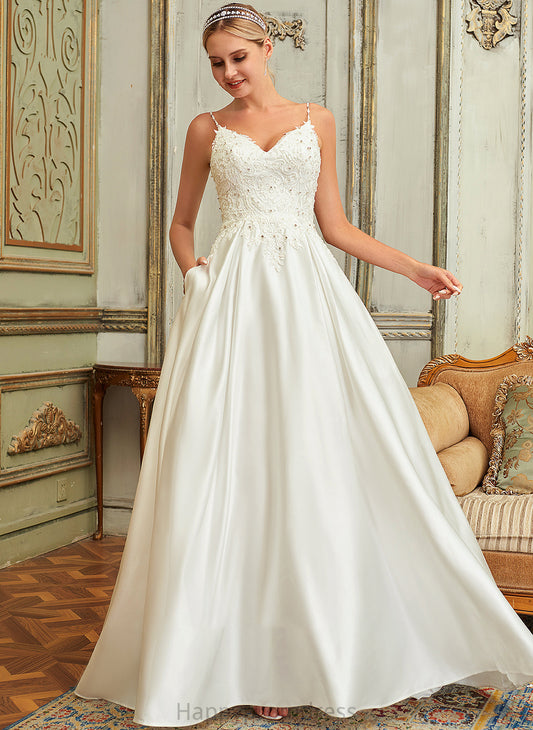 Lace Lace With Pockets Train Satin Wedding Dress Wedding Dresses Lillianna Beading Sweep Sequins V-neck Ball-Gown/Princess