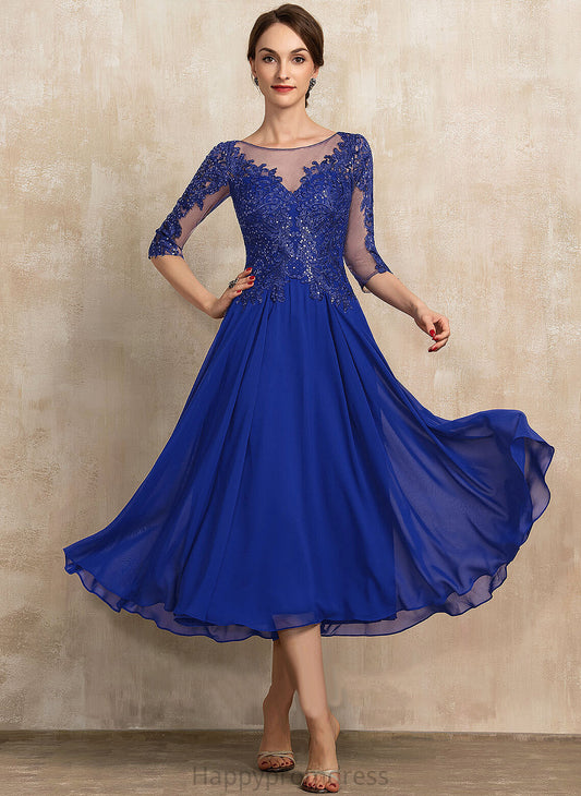 A-Line Lace Scoop Tea-Length With Cocktail Dress Chiffon Sequins Neck Cocktail Dresses Gill