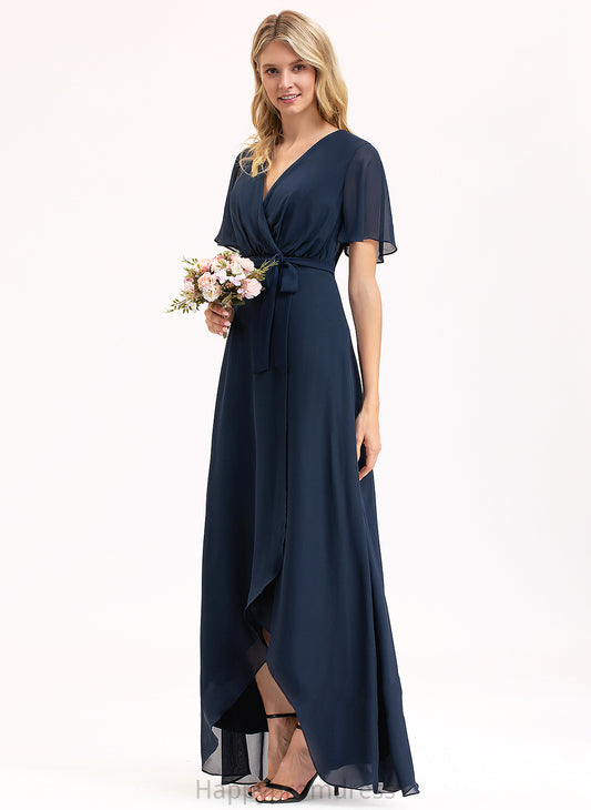 A-Line Fabric Bow(s) Asymmetrical Length Neckline Embellishment Silhouette V-neck Madilyn Floor Length A-Line/Princess Bridesmaid Dresses