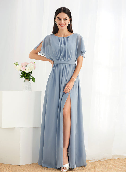 Silhouette Length SplitFront Straps A-Line Fabric Embellishment Ruffle Floor-Length Hillary Spaghetti Staps Natural Waist Bridesmaid Dresses