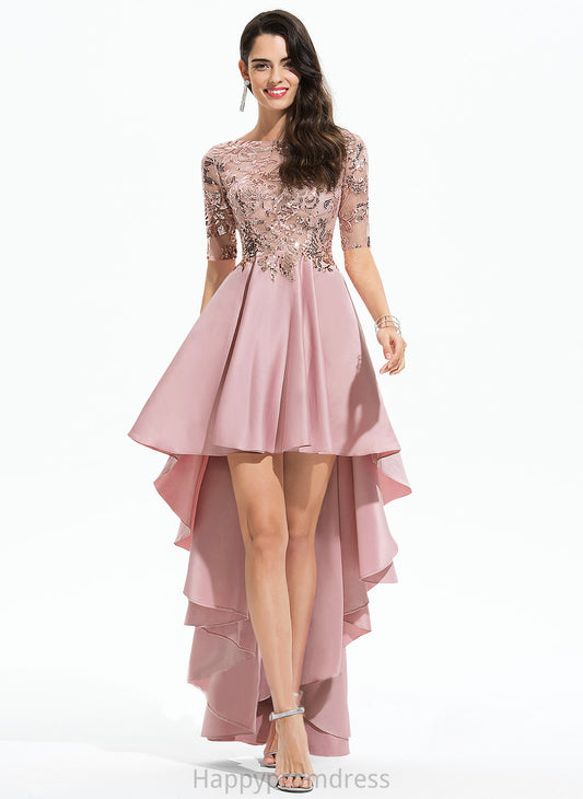 Prom Dresses Scoop Sequins With Lace Asymmetrical Neck Miracle A-Line Satin