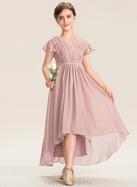 Frances Ruffles Junior Bridesmaid Dresses Asymmetrical V-neck With Chiffon A-Line Cascading Bow(s)