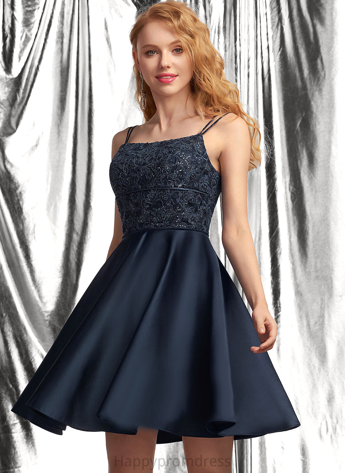 A-Line Neckline Prom Dresses Satin With Sequins Square Mira Lace Short/Mini