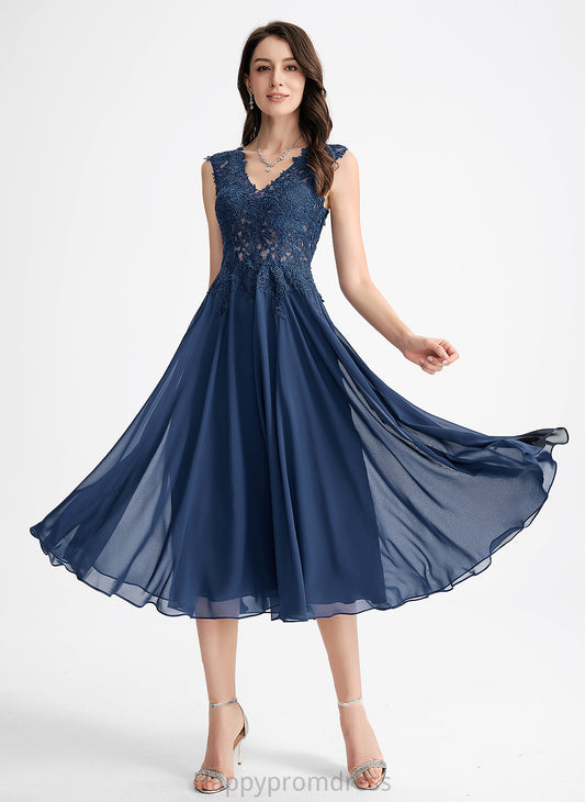 Kristen Cocktail Lace V-neck Tea-Length A-Line Cocktail Dresses Dress Chiffon