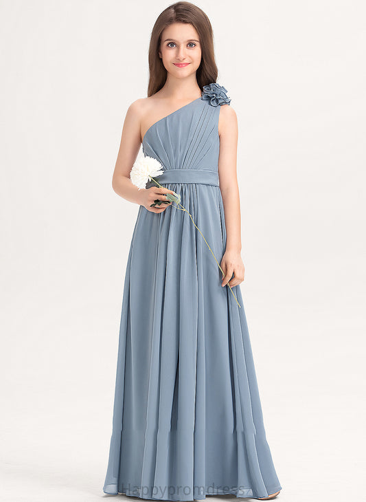 With Kaylee Junior Bridesmaid Dresses Flower(s) A-Line Ruffle One-Shoulder Chiffon Floor-Length