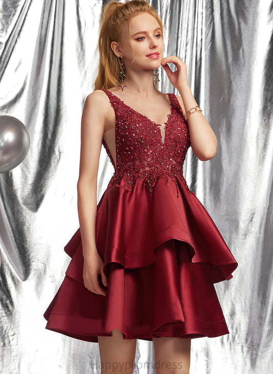 Homecoming V-neck Beading Dress Lace With Homecoming Dresses Satin Short/Mini Camille Sequins A-Line