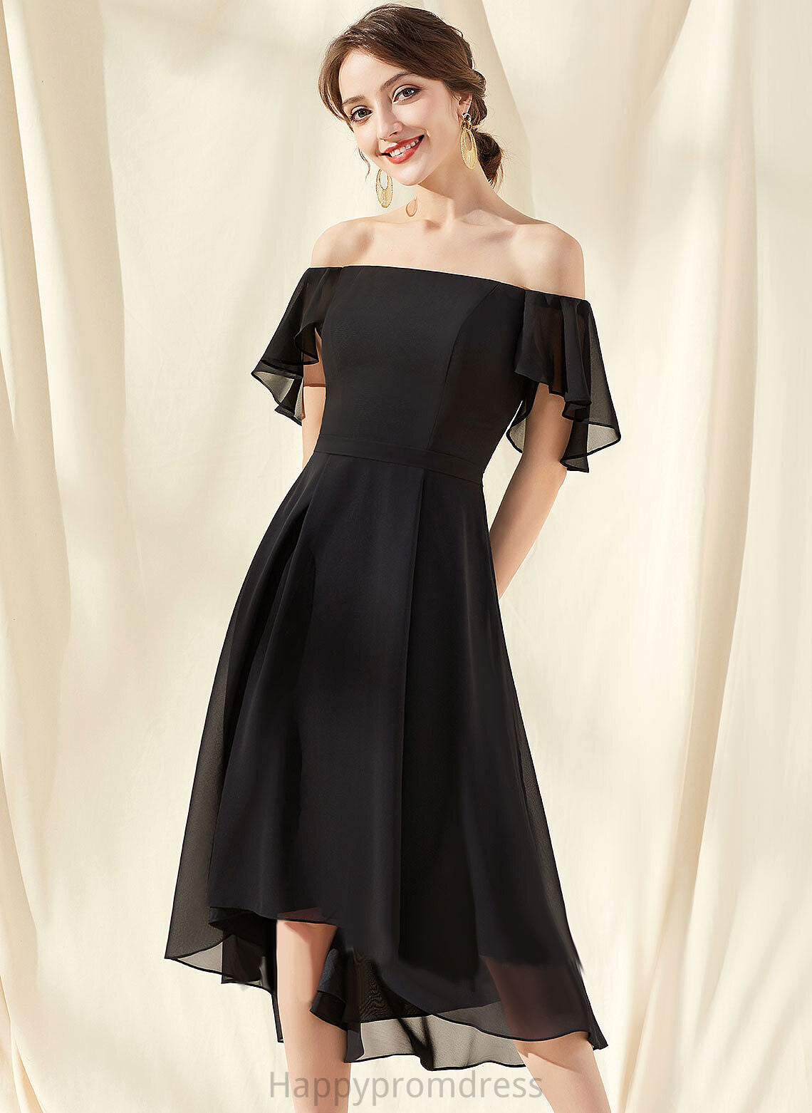 Chiffon Cocktail Jaqueline Off-the-Shoulder A-Line Asymmetrical Cocktail Dresses Dress With Cascading Ruffles