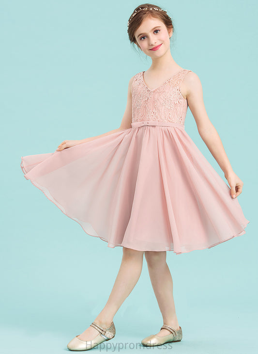 V-neck Bow(s) Knee-Length Chiffon With Lilia A-Line Junior Bridesmaid Dresses