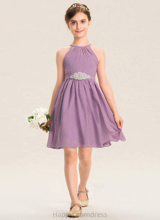 With Nathaly A-Line Chiffon Knee-Length Junior Bridesmaid Dresses Scoop Neck Ruffle Beading