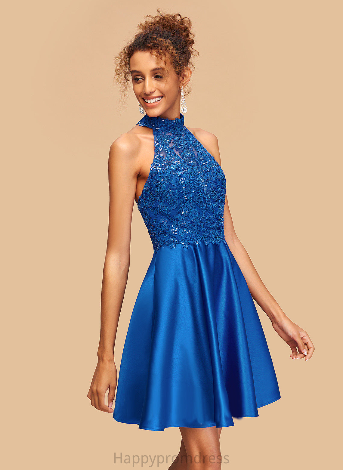 Satin High Neck Short/Mini With Sequins Kenna Homecoming Dresses A-Line Lace Dress Homecoming