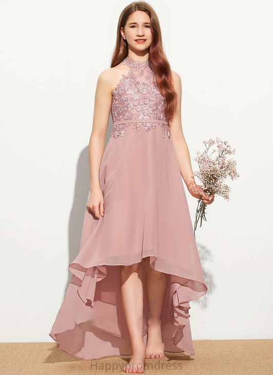 A-Line Chiffon Lace Junior Bridesmaid Dresses Asymmetrical Neck Mia Scoop