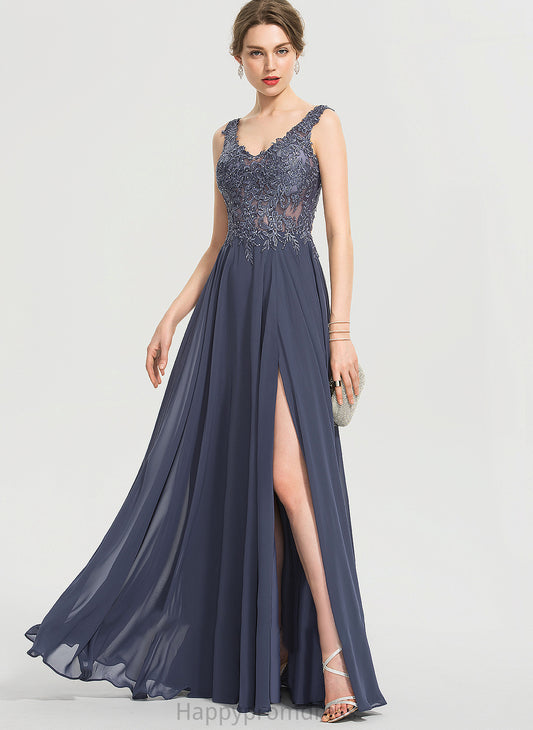 Floor-Length Beading With V-neck Split A-Line Prom Dresses Front Chiffon Sequins Johanna