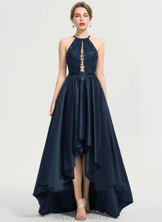 Sequins Asymmetrical Satin A-Line Neck With Damaris Scoop Prom Dresses