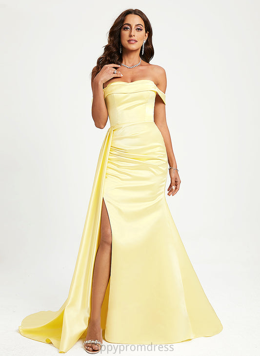 Off-the-Shoulder Train With Prom Dresses Sweep Ruffle Satin LuLu Trumpet/Mermaid