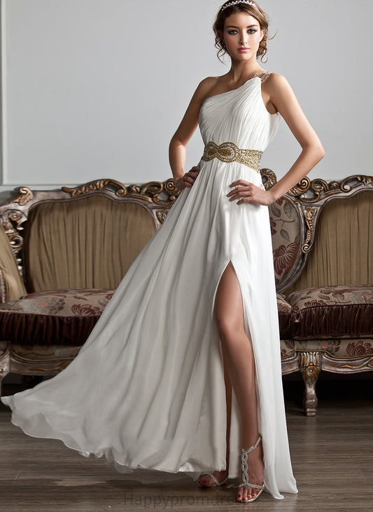 Ruffle One-Shoulder Beading Floor-Length With Split Sequins A-Line Dulce Front Prom Dresses Chiffon