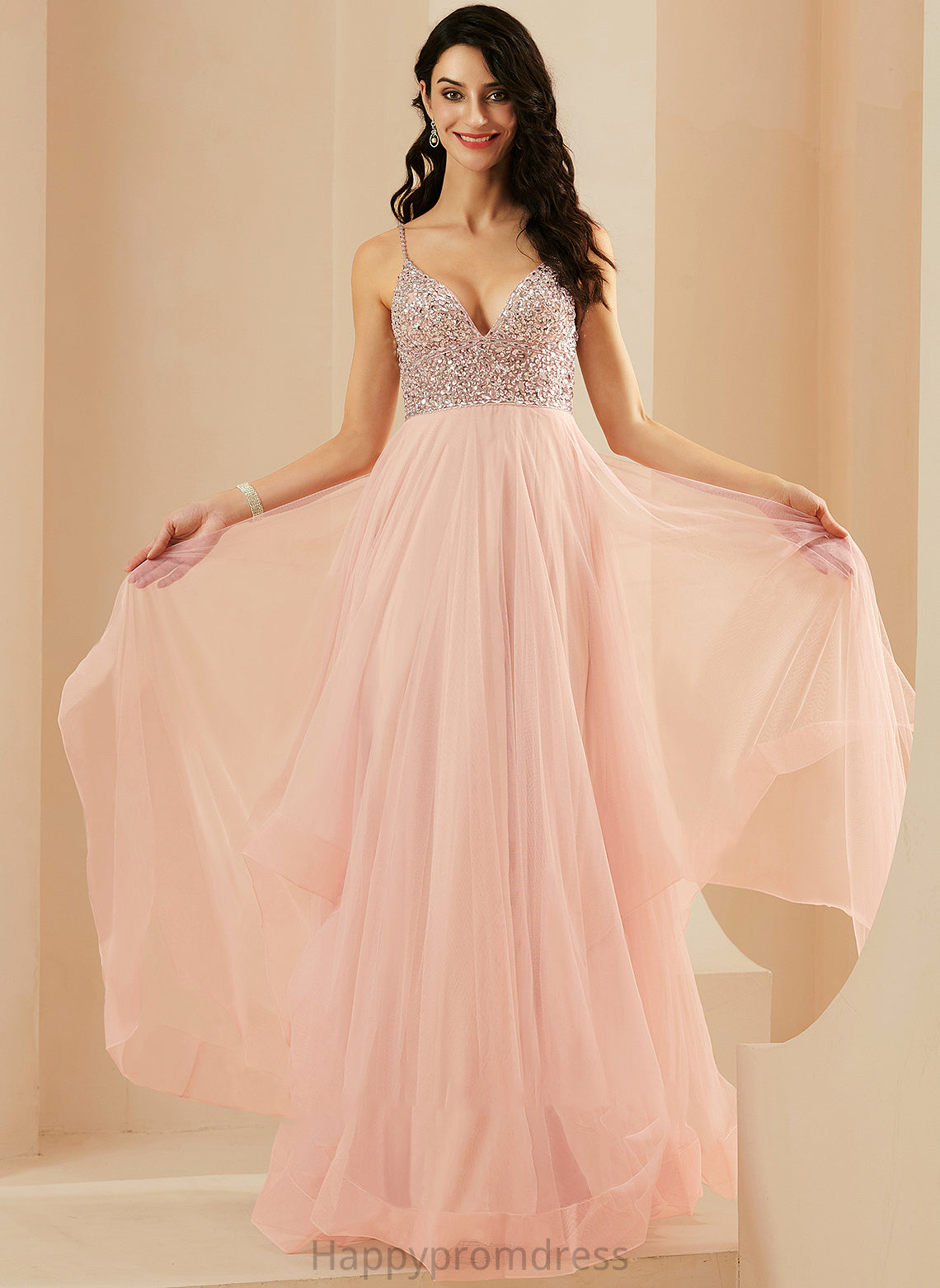 With Sequins V-neck Floor-Length Tulle Jasmine Prom Dresses A-Line Beading