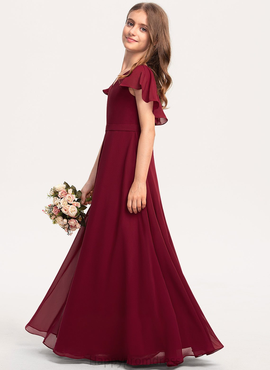 With Lea V-neck Junior Bridesmaid Dresses Cascading A-Line Floor-Length Chiffon Ruffles