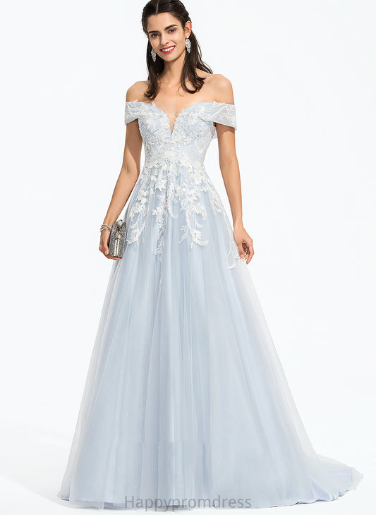 Ball-Gown/Princess Sequins Tulle Sweep Prom Dresses With Train Thelma Off-the-Shoulder