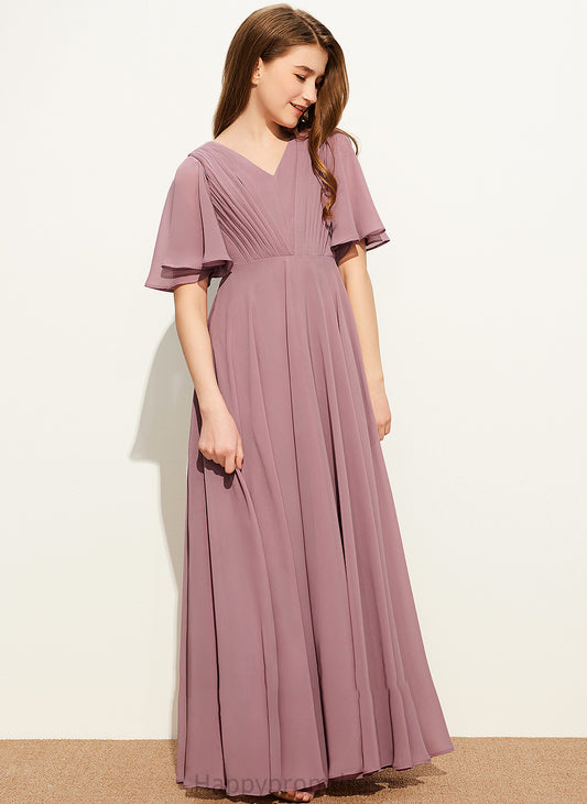 With Junior Bridesmaid Dresses Ruffle V-neck Chiffon Lilian Floor-Length A-Line