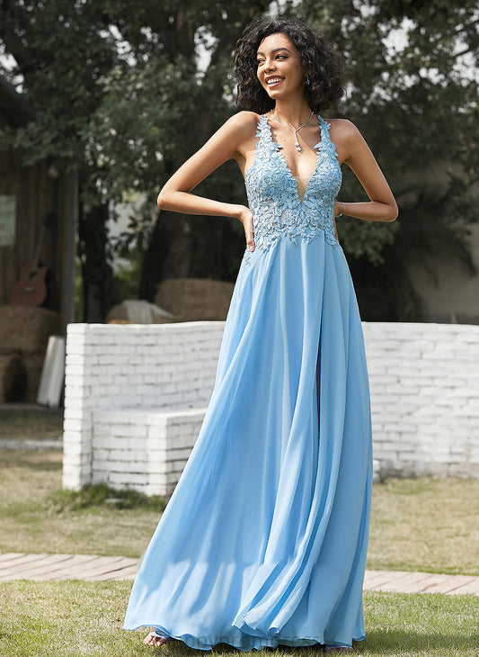 With A-Line Chiffon V-neck Lace Elvira Floor-Length Prom Dresses