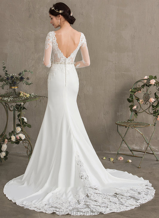 Trumpet/Mermaid Scoop Neck Train Stretch Wedding With Dress Catalina Beading Chapel Wedding Dresses Crepe Sequins