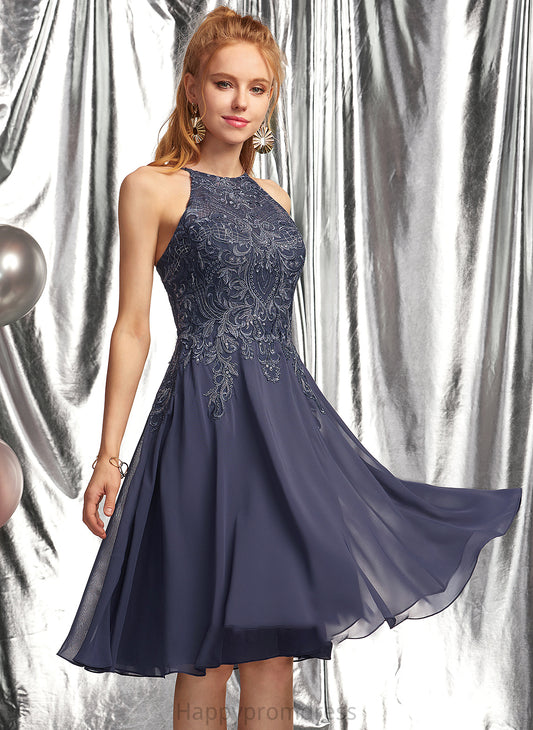 A-Line Tamia Chiffon With Knee-Length Lace Appliques Neck Scoop Prom Dresses