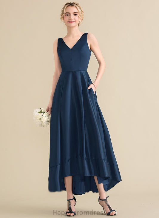 Rosalyn Satin Pockets Asymmetrical V-neck With Prom Dresses Ball-Gown/Princess