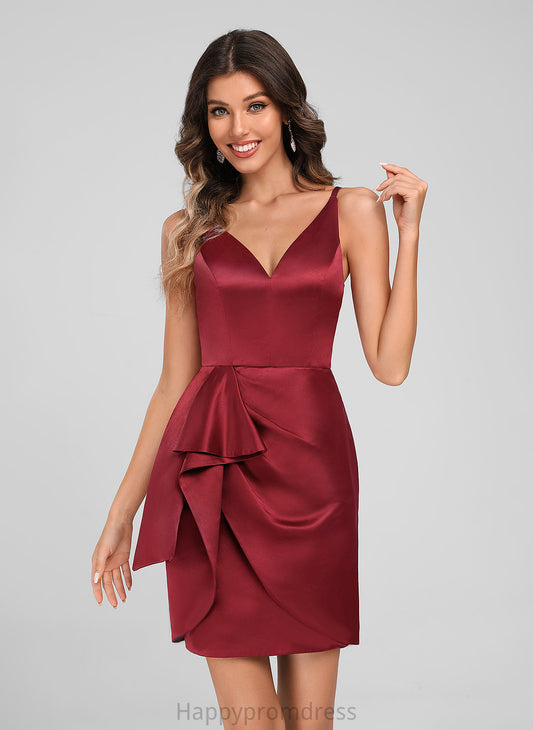 Dress Satin Bodycon V-neck Homecoming Cascading Short/Mini Lyric With Club Dresses Ruffles