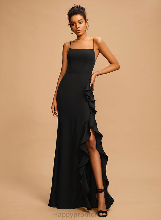 Ruffle Stretch Floor-Length Salma Prom Dresses Neckline Crepe With Square Sheath/Column