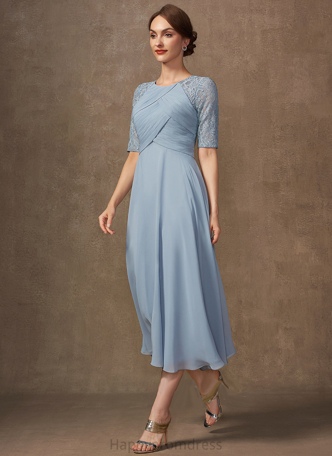 Chiffon Scoop Neck Jayden A-Line Tea-Length Dress Mother the Bride Ruffle Lace With Mother of the Bride Dresses of