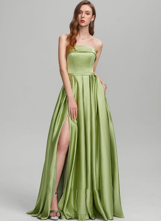 With Satin Ball-Gown/Princess Emilie Pockets Prom Dresses Front Floor-Length Split Strapless