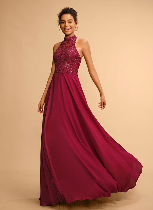 Halter With Floor-Length Milagros Lace A-Line Chiffon Sequins Prom Dresses