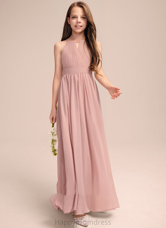 Neck Floor-Length Chiffon Sophronia Junior Bridesmaid Dresses Scoop Ruffle A-Line With Bow(s)