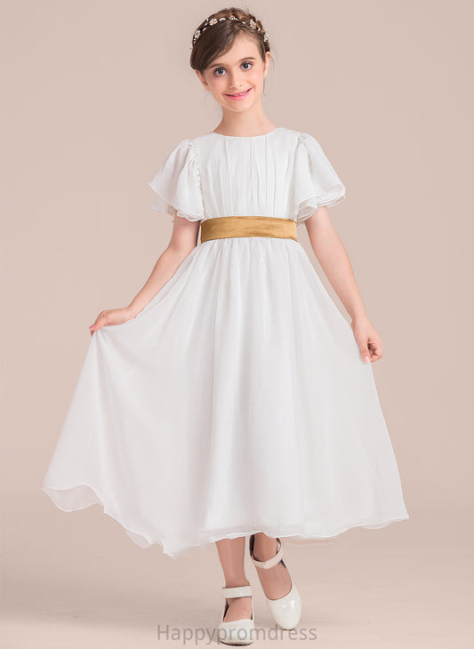 Tea-length Chiffon/Charmeuse - Neck Flower Sleeves Girl Sanai Scoop With Sash A-Line Short Flower Girl Dresses Dress