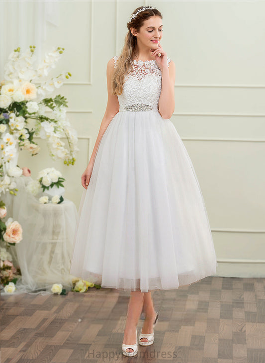 With Tulle Aleah Dress Neck Satin Sequins Ball-Gown/Princess Lace Tea-Length Beading Wedding Dresses Scoop Wedding