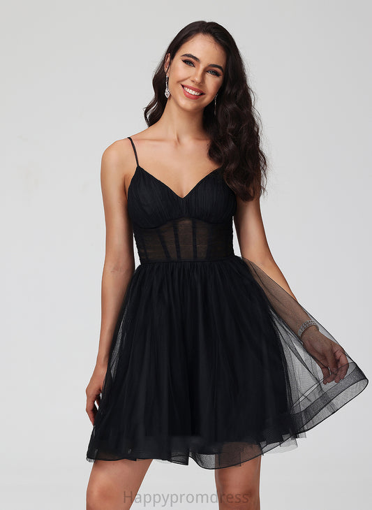 Pleated Suzanne Short/Mini Homecoming Dresses Tulle With A-Line Homecoming V-neck Dress