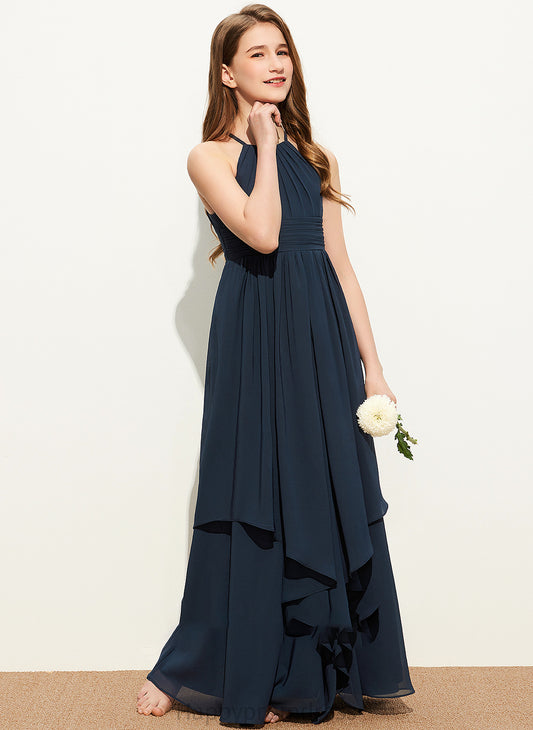 Cascading Junior Bridesmaid Dresses Shelby With Floor-Length Chiffon Neck Scoop A-Line Ruffles