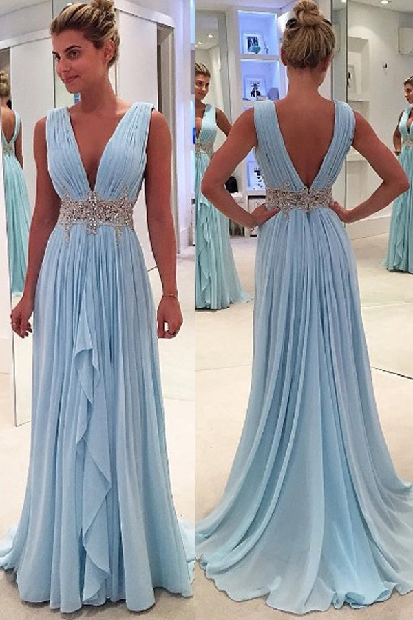 Blue A Line Floor Length Deep V Neck Sleeveless Deep V Back Beading Ruffles Prom Dresses