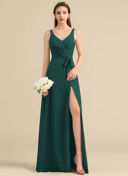 V-neck Length Silhouette Embellishment SplitFront Neckline Fabric Bow(s) Ruffle Floor-Length A-Line Karen Bridesmaid Dresses