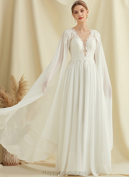 A-Line Wedding Sequins Dress With V-neck Liliana Chiffon Lace Floor-Length Wedding Dresses